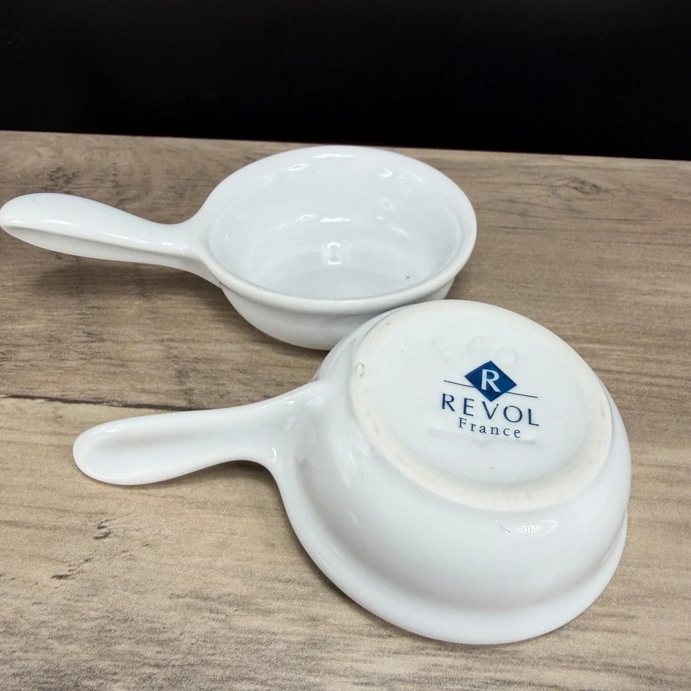 Revol France White Porcelain Single Handle‎ Ramekins Set of 2 Individual Dishes